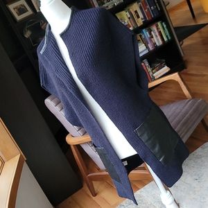 Ann Taylor Cardigan/Duster Navy blue, blue/black vegan leather pockets and trim